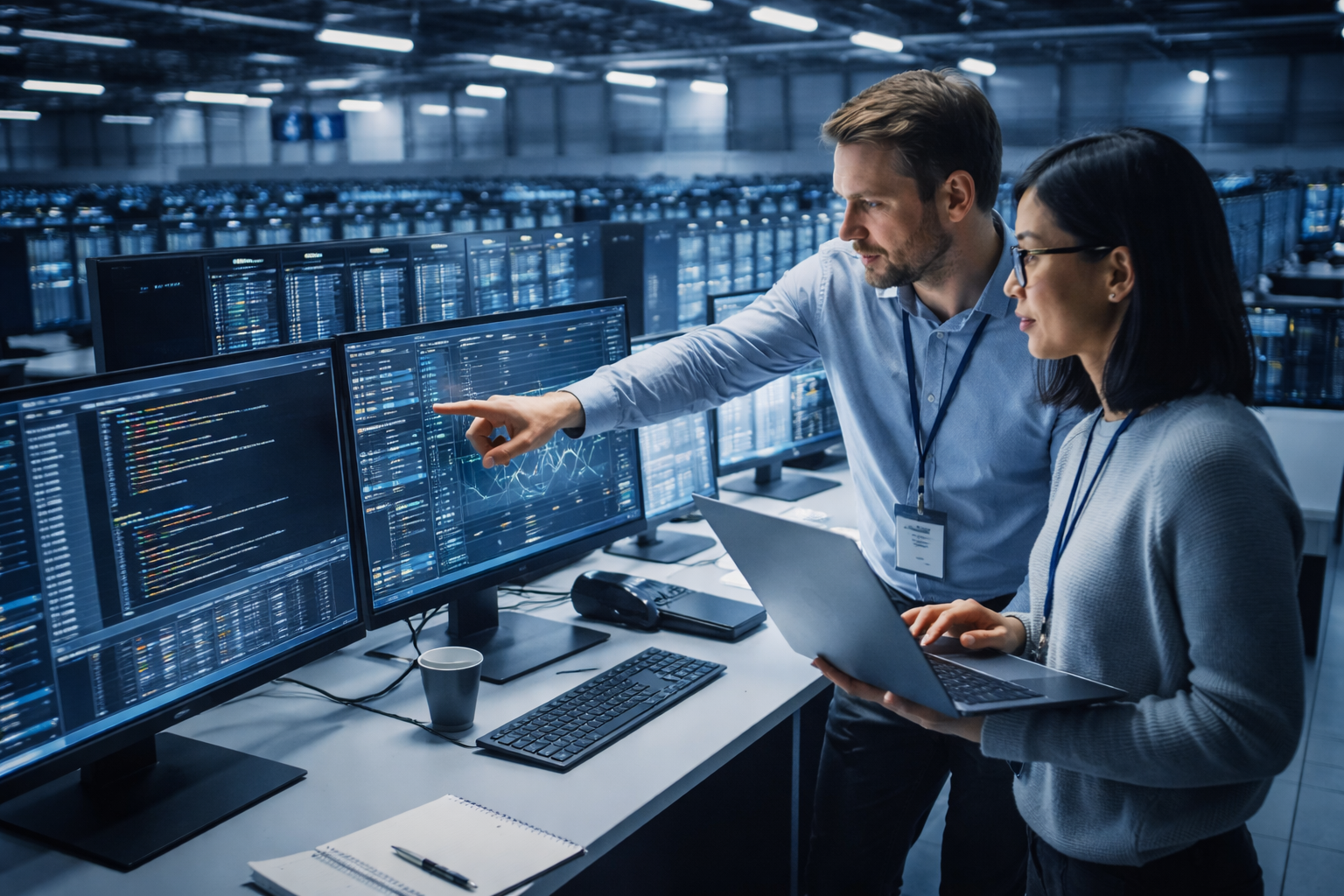 Software engineers at work in data center